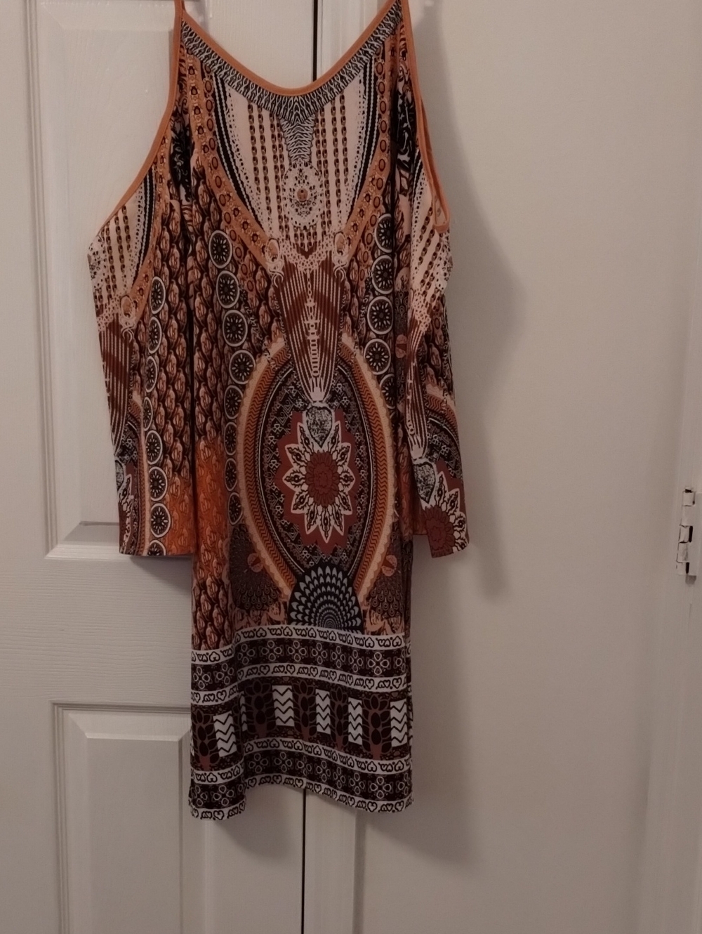 One-Shoulder Boho Medallion Dress in Rust and Cream